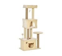 PawHut Albero Tiragraffi per Gatti Alto 136 cm con Cuccia Rimovibile, Casetta e Lettino, Pali in Iuta, Beige Aosom Italy