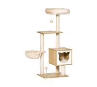 PawHut Tiragraffi per Gatti con 2 Pali, Casetta, Amaca, Lettino e 2 Palline, in Legno, Pile e Sisal, 48x40x126 cm Aosom Italy