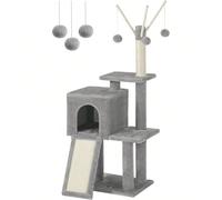 Tiragraffi per Gatti, Albero per Gatti, Grotta per Gattini Micini, Diversi Livelli di Peluche, 42 x 32 x 118 cm, Graffitoio, 3 Bastoncini Pompom Rimovibili, Grigio Chiaro [Bastoni pompon rimovibili] I