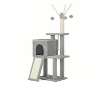 Tiragraffi per Gatti, Albero per Gatti, Grotta per Gattini Micini, Diversi Livelli di Peluche, 42 x 32 x 118 cm, Graffitoio, 3 Bastoncini Pompom Rimovibili, Grigio Chiaro [Bastoni pompon rimovibili] I