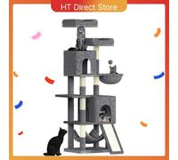 Tiragraffi per gatti in quercia e tè Torre da arrampicata da 158 cm con 7 tiragraffi, 2 case e 2 amache per gatti domestici