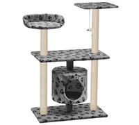 Tiragraffi per gatti, in sisal, 95 cm, grigio, con stampa di zampe, colonna tiragraffi e torre da gioco con peluche, albero da arrampicata e grotta per gatti da interni, robusto mobile tiragraffi per