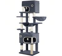 Tiragraffi, tiragraffi da 178 cm con ampia piattaforma, 2 grotte, 7 tiragraffi, pompon, sdraio, amaca, adatto a tutte le razze di gatti, grigio scuro 1,[178 cm di altezza, divertimento senza fine per 