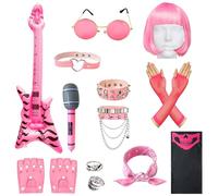 TirEurt Costume rock star, 12 pezzi, costume punk gotico rocker, festa di Halloween anni '80, inclusi occhiali gonfiabili con chitarra e microfono, vestito rockstar per adulti, ragazze rosa