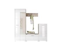 Tiriolo - guardaroba completo in legno laminato nel colore bianco lucido e quercis sabbia, composto da armadio, panca, comó e mensola. Dimensioni LxAxP 195x195x36 cm