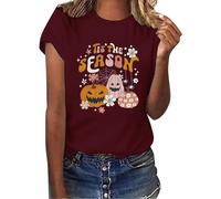 Tis The Season Camicie di Halloween Donne Divertente Zucca T Shirt Cute Ghost Top Manica Corta Costumi di Halloween Teen Ragazze Vestiti, Rosso, L
