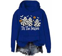 Tis The Season Felpa con cappuccio per Halloween con fantasmi retrò a scacchi, Klein Blue-h, XXL