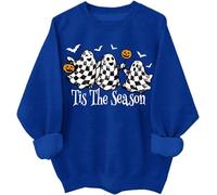 Tis The Season Felpa con cappuccio per Halloween con fantasmi retrò a scacchi, Klein Blue., L
