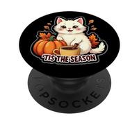 Tis The Season White Cat Autunno Autunno Zucca Spice Foglie PopSockets PopGrip Adesivo