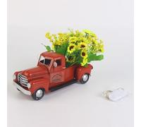Tischdeko Hochzeit - Camion De Cor con girasoli e fiori, in metallo, con stringa di luci a LED, per vassoio a più livelli, mini girasole, tavolo per casa e fattoria (rosso, 21 x 9 x 10 cm)