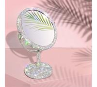 TISHAA Lussuoso specchio da trucco, ingrandimento 2x, doppio lato, in vetro, con strass e brillantini, portatile, per scrivania, bagno, camera da letto, tavolo