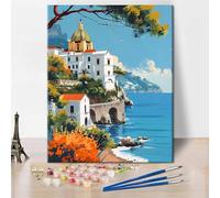 TISHIRON Costiera amalfitana Pittura con i numeri, per adulti principianti, paesaggio, pittura con i numeri, kit su tela, pittura acrilica, pittura a olio, decorazione per la casa, 16 x 20 pollici