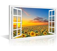 TISHIRON Decorazione da parete con girasole 3D, vista finestra per soggiorno, stampa su tela, cornice in legno, pronta da appendere (91 x 61 cm)