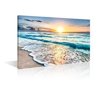 TISHIRON Decorazione da parete con onde e tramonto sulla spiaggia, decorazione moderna per la casa, stampa su tela con cornice in legno, pronta da appendere (61 x 40 cm)