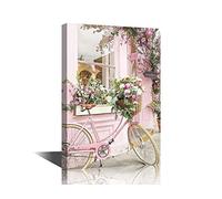 TISHIRON Decorazione da parete per bicicletta e fiori, decorazione da parete su tela, decorazione da parete, stile lago, blu, moderna, per casa, ufficio, incorniciata, pronta da appendere, 40.6x61 cm