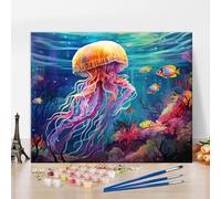 TISHIRON Dipingere con i numeri, meduse per adulti dipingere con i numeri, per decorazione da parete, mare con pesce, pittura con i numeri, animali marini selvatici 16 x 20 pollici, kit di pittura a