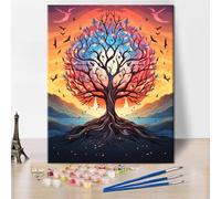 TISHIRON Dipingere con i numeri, per adulti, albero della vita con stormo di uccelli, per la terapia naturale, set artistico, meditazione, pratica consapevolezza, tela decorativa, 16 x 20 pollici
