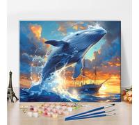 TISHIRON Dipingere con i numeri, per adulti, fai da te, dipinta a olio, balene giganti saltano fuori dal mare per principianti, una nave a vela sul mare, set da pittura semplice con i numeri, 40 x 50