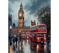 TISHIRON Dipingere con i numeri, per adulti, kit fai da te per dipingere con i numeri, con scena di pioggia Londra, Big Ben e autobus rosso, per adulti, 40 x 50 cm