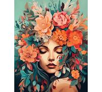TISHIRON Dipingere con i numeri, per adulti, principianti, donne con fiori nei capelli, opere d'arte floreali, tela a olio, decorazione per la casa, 40 x 50 cm (senza cornice)