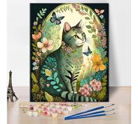 TISHIRON Dipingere con i numeri, per adulti, vintage, fai da te con i numeri, su tela, gatto con fiori con pennelli, colori acrilici per bambini, decorazione per la casa 16 x 20 cm, senza cornice