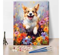 TISHIRON Dipingere con i numeri, simpatico cucciolo gioca nel prato dei fiori, pittura con i numeri, kit su tela, pittura a olio, kit di pittura per adulti, artigianato per la casa, 40 x 50 cm