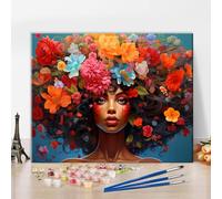 TISHIRON Dipingi con i numeri per adulti, pittura con i numeri, giovane donna con fiori tra i capelli, pittura per adulti, bambini e principianti, ritratto di una ragazza nera, pittura a olio 40,6 x