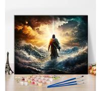 TISHIRON Gesù Dipingere con i numeri, Figura di Gesù cammina sull'acqua su un bel tramonto pittura con numeri per adulti con pennelli e pigmenti, 40x50 cm, senza cornice