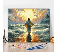 TISHIRON Gesù kit per dipingere con i numeri, per adulti, fede religiosa, dipingere con i numeri, sole e paesaggio marino, dipingere con i numeri, arte da parete, Gesù, luce sacra, dipingere con i