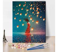 TISHIRON Kit da donna per dipingere con i numeri, in piedi sull'acqua contro le lanterne, colore galleggiante con i numeri con pennelli e pigmento per decorazione della parete della casa, 40 x 50 cm