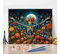 TISHIRON Kit per dipingere con i numeri, scheletro con fiori in luce di luna piena, per adulti, 40 x 50 cm (senza cornice)