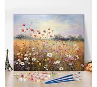 TISHIRON Kit per pittura ad acquerello con i numeri, pittura floreale con i numeri, per adulti principianti, pittura con fiori sul campo con sfondo cielo pittura a olio fai da te, decorazione da