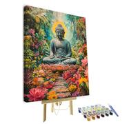 TISHIRON Kit per pittura con i numeri, per adulti Buddha pittura con i numeri, kit su tela Buddha tra fiori pittura con numeri, kit per adulti vintage artigianato incorniciato