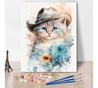 TISHIRON Pittura digitale per adulti cowboy gatto pittura in un cappello gatto fai da te acquerello pittura digitale pittura a olio artigianato pigmenti acrilici per decorazione domestica disegno 16"