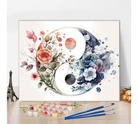 TISHIRON Pittura fai da te con i numeri, per adulti, fiori astratti Yin Yang, simbolo per dipingere con i numeri, per principianti, pittura ad olio di meditazione ad acquerello per la decorazione