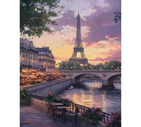 TISHIRON Pittura per adulti - Dipingere con i numeri, per adulti, scena e torre Eiffel, kit fai da te, 40 x 50 cm