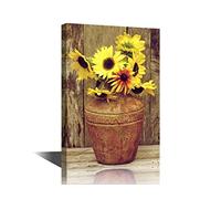 TISHIRON Rustico Girasole giallo in vaso marrone fiori di fattoria su tela da parete stampe artistiche incorniciate per soggiorno, camera da letto, pronta da appendere, 30.5x45.7 cm