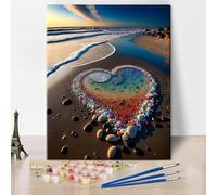 TISHIRON Set per dipingere con i numeri, per adulti, cuore sulla spiaggia, al tramonto, fai da te, per adulti, bellissimo paesaggio marino, pittura a olio con pennello, 40 x 50 cm