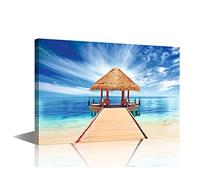 TISHIRON Stampa artistica da parete su tela, motivo: Maldive, resort, padiglione con paesaggio, opera d'arte per soggiorno, camera da letto, ufficio, decorazione da parete, con cornice, pannello