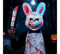 TISMHGKU Maschera Halloween Horror Rabbit Set LED,LED Maschera coniglio halloween sanguinoso,Maschera di Peluche con Coniglietto Spaventoso,Grembiule Insanguinato,Coltello di Horrorm
