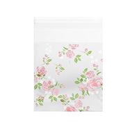 Tissting Sacchetto per caramelle e biscotti, busta in plastica autoadesiva 4 tipi 100 pezzi confezione, pattern di fiori rosa e ciliegio, per uso in matrimonio compleanno e feste (punto 7 * 7 cm)
