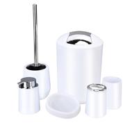 Tissting Set Completo Accessori Bagno 6 Pezzi Design Moderno Bianco in PP Plastica con Pattumiera, Scopino, Portaspazzolino, Dispenser di Sapone per Lozione, Portasapone, Tazza
