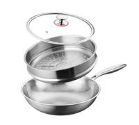 Titanium Pan Pro - Wok antiaderente con coperchio e vapore, fondo piatto da | Finitura martellata, coperchio in vetro incluso, inserto per vapore, varie dimensioni, struttura in titanio e acciaio