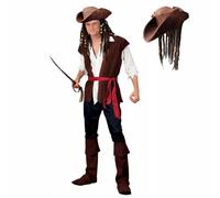 Titch & Timbo Costume da pirata da capitano caraibico Jack + cappello con capelli e perline + (opzione barba e tash): costume da pirata da uomo (costume + cappello/trecce e perline, L)