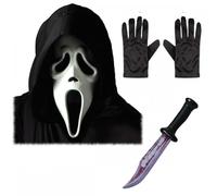 Titch & Timbo Maschera ufficiale Scream/Ghost Face® con cappuccio + guanti neri + ufficiale Scream/Ghost Face® Bloody Blade, set di accessori per costume horror di Halloween