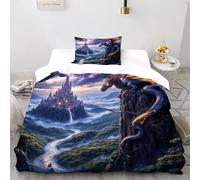 TiTCiveR Castello del drago Set Di Biancheria Da Letto 2 Pezzi Con Stampa 3D Temi animali Fauna selvatica Copripiumino Con 1 Federe in Microfibra Morbida E Leggera Single（135x200cm）