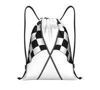 Titolo: Borsone leggero con coulisse e bandierine a scacchi, impermeabile, pieghevole, con tracolla regolabile, ideale per sport, yoga, viaggi e scuola, Nero , M