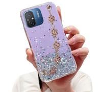 Tivenfezk Nadoli Trasparente Cover Glitter con Catena per Xiaomi Redmi 12C,Diamante Fiore Wristband Custodia Brillantini Stella Silicone Case Bumper,Viola