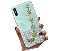 Tivenfezk Nadoli Trasparente Cover Glitter con Catena per Xiaomi Redmi 9A,Diamante Fiore Wristband Custodia Brillantini Stella Silicone Case Bumper,Verde