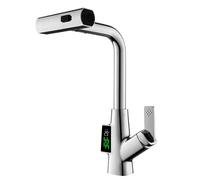 Tivezlor Rubinetto da cucina a cascata con spruzzatore estraibile, rubinetto da cucina estraibile con indicatore di temperatura a LED, moderno lavello da cucina, in ottone, miscelatore monocomando